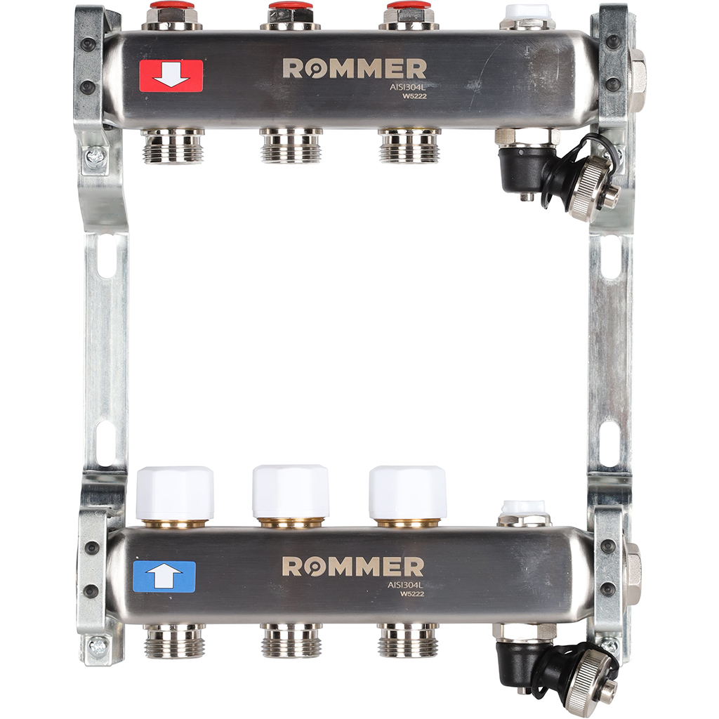 ROMMER Коллектор из нержавеющей стали без расходомеров, с клапаном вып. воздуха и сливом 3 вых.
ROMM