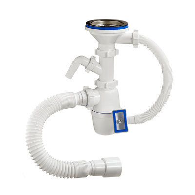A-4011 Сифон для мойки с выпуском 3 1/2"х 40 мм с отводом, с переливом и гибкой трубой 40х40/50 мм