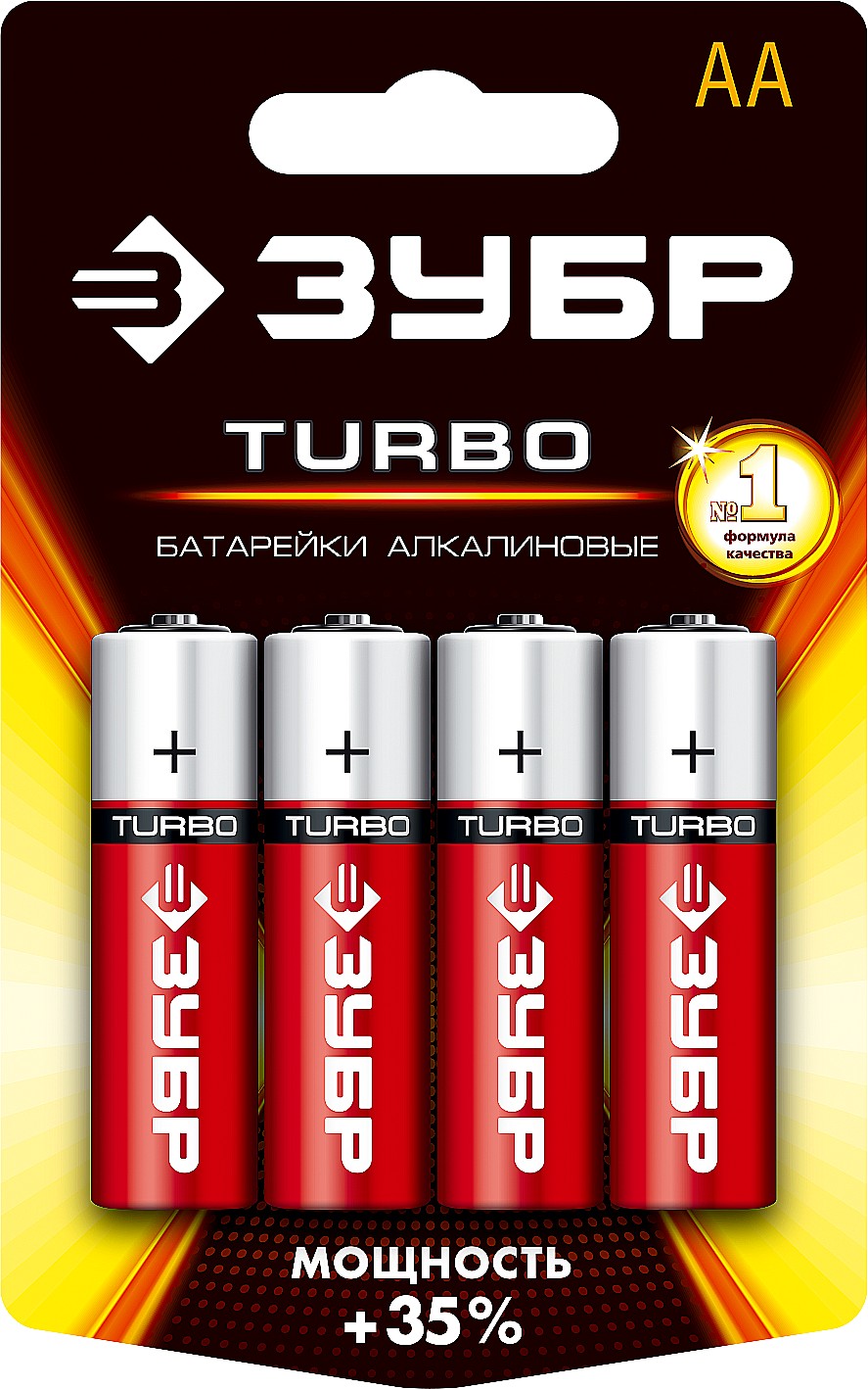 ЗУБР TURBO, АА, 1.5 В, алкалиновая батарейка (59213-4C) ЗУБР TURBO, АА, 1.5 В, алкалиновая батарейка (59213-4C)