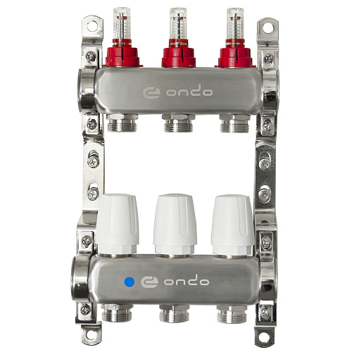 Коллекторная группа ONDO нерж сталь 3 вых. в сборе с расходомерами и термост. клапанами без сливных 